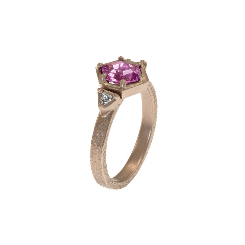 14K Champagne Gold Pink Sapphire Engagement Ring With Side Triangle Diamonds - Hozoni Designs