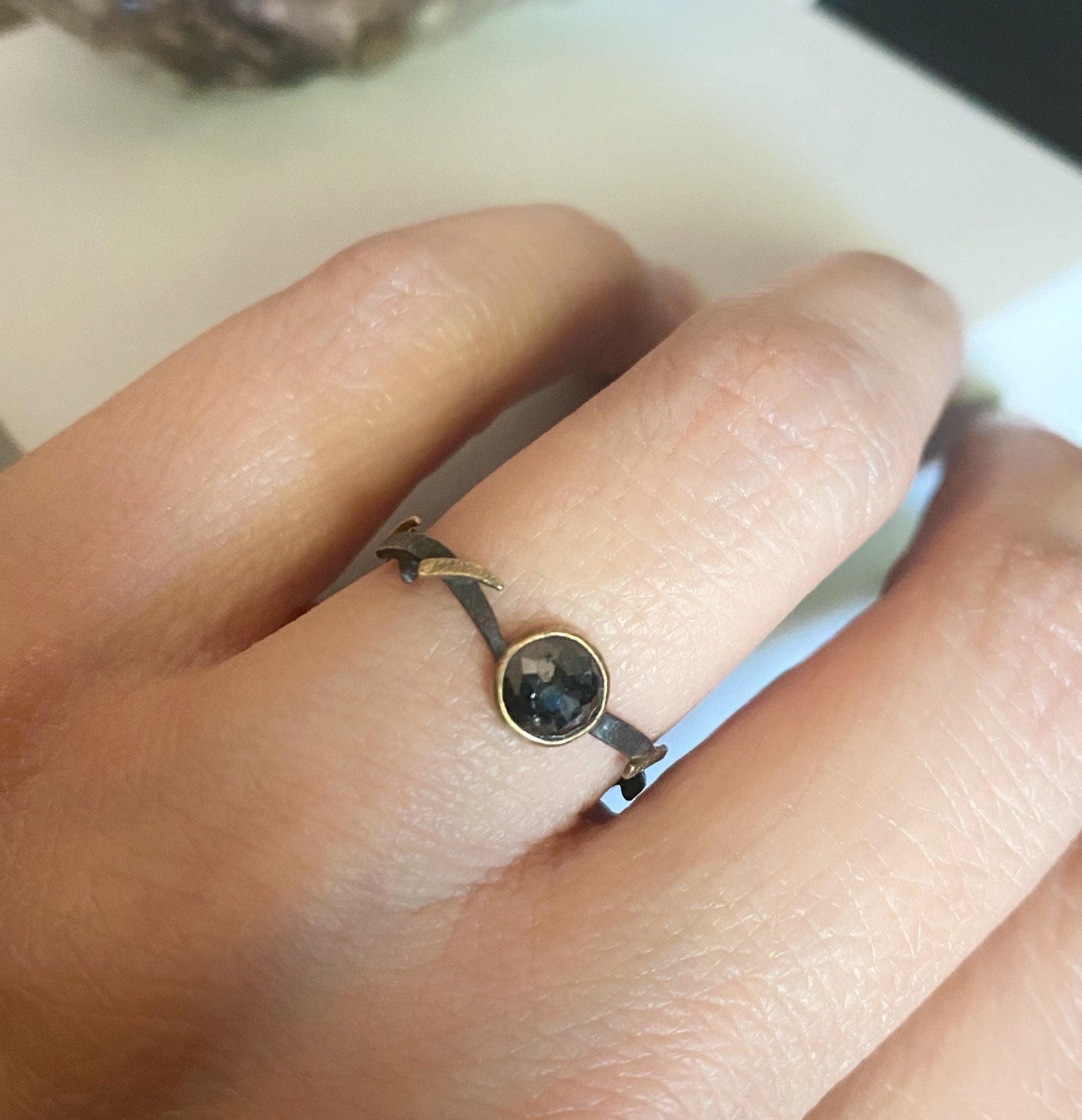 14K Gold & Sterling Silver Black Diamond Woven Ring - Hozoni Designs