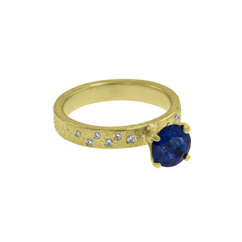 Round Blue Sapphire Gold Engagement Ring-3mm Band w Side Diamonds - Hozoni Designs