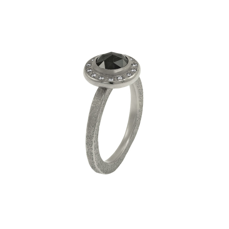Women's 14K Gold Rustic Black Diamond Ring with Diamond Halo - Hozoni Designs