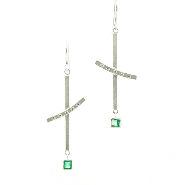 Sterling Silver Dangle Earrings with Princess Cut Emeralds and White Diamonds - Hozoni Designs