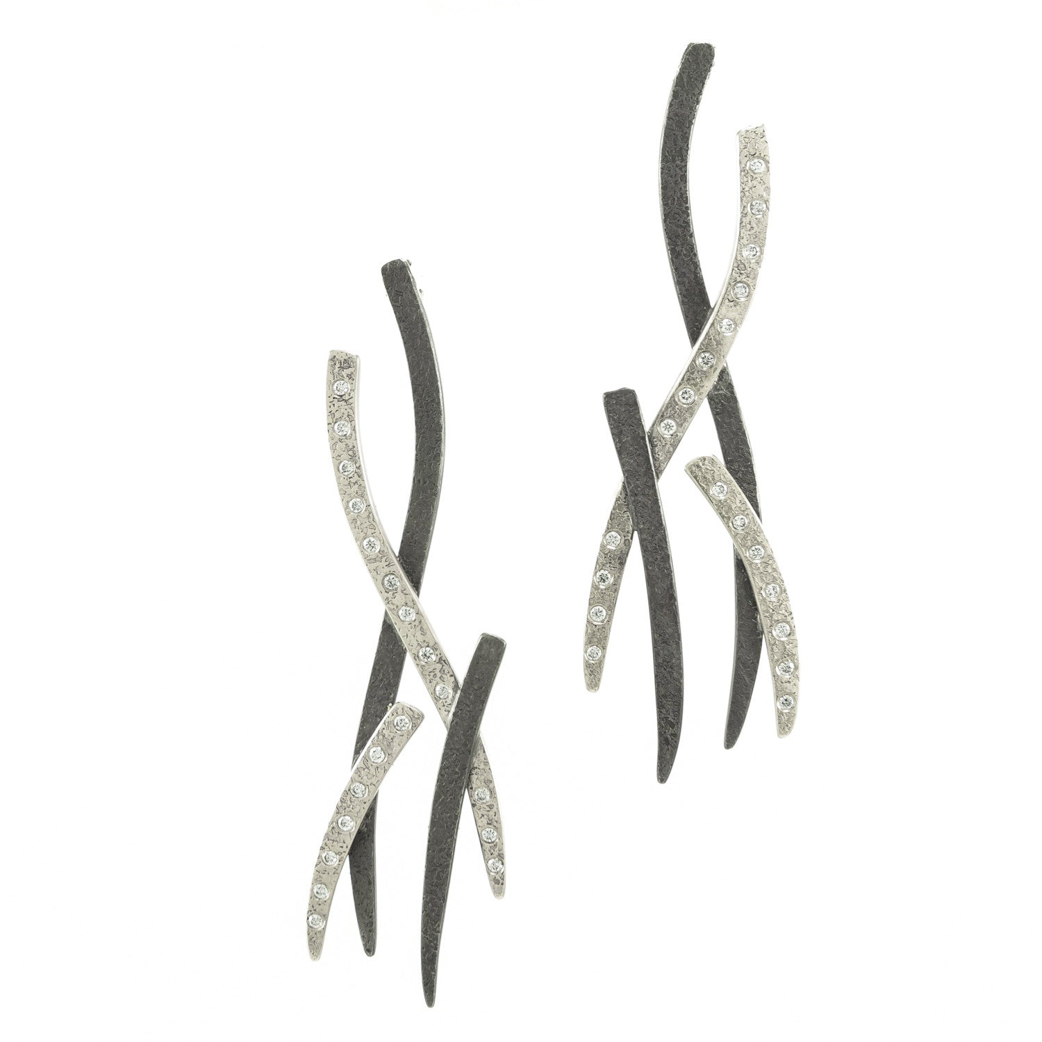 14K Gold & Sterling Silver Woven Earrings with White Diamonds - Hozoni Designs
