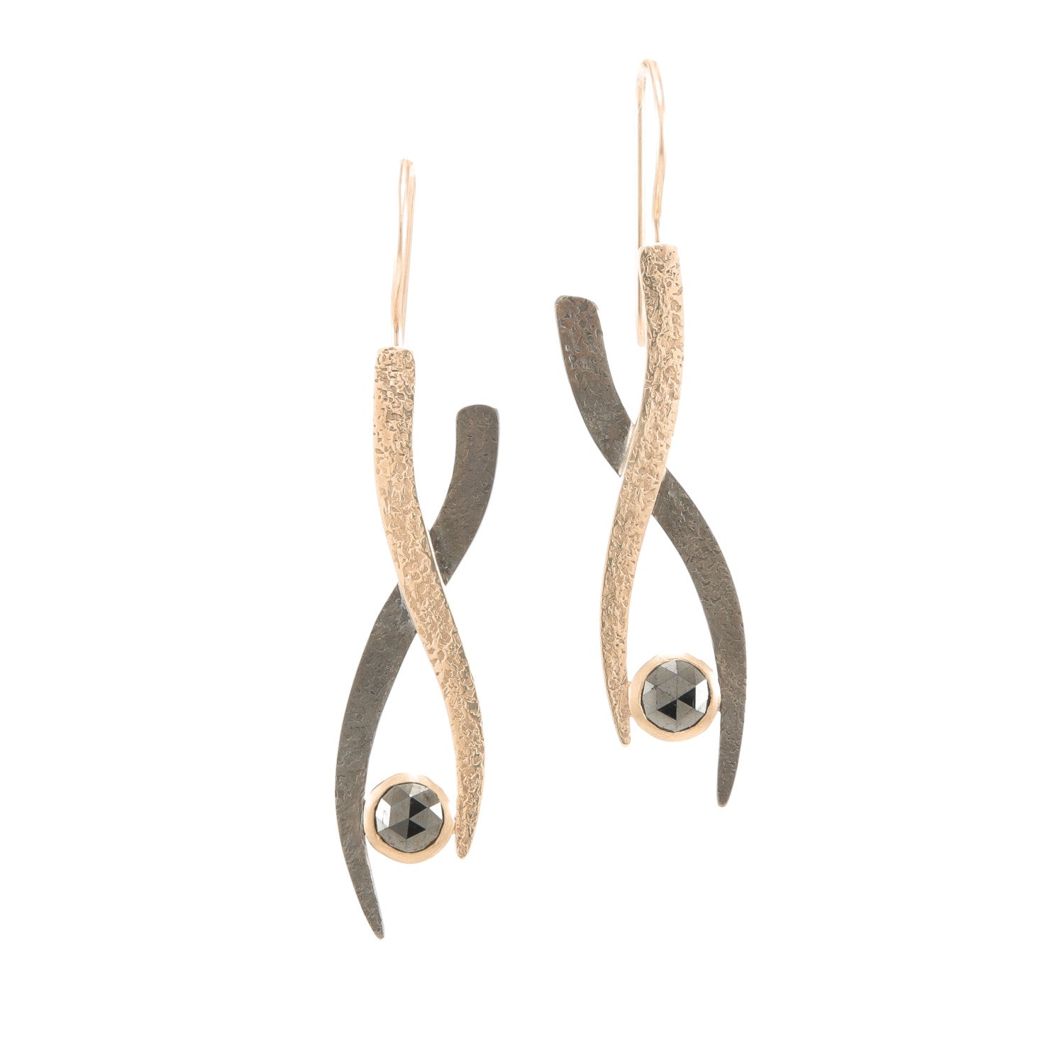 14K Gold & Sterling Silver Small Woven Earrings with Black Diamonds - Hozoni Designs