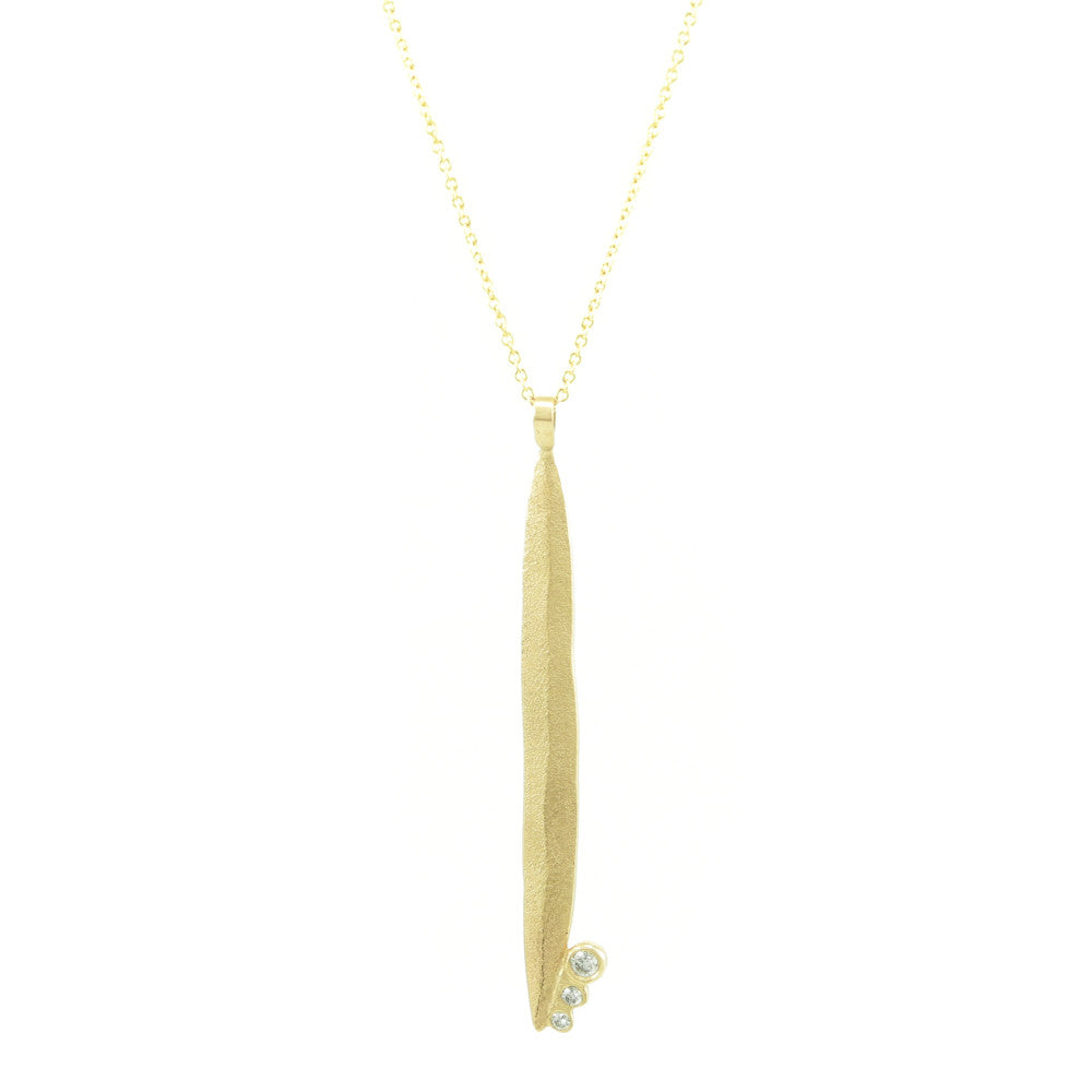 14K Gold Long Leaf Necklace with Diamonds - Hozoni Designs