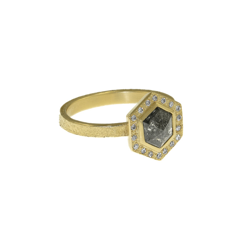 14K Gold Salt &amp; Pepper Hexagon Diamond Engagement Ring With Diamond Halo - Hozoni Designs