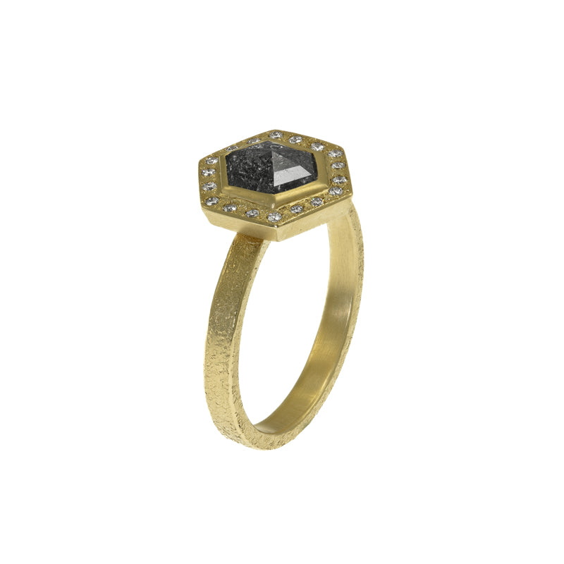 14K Gold Salt &amp; Pepper Hexagon Diamond Engagement Ring With Diamond Halo - Hozoni Designs