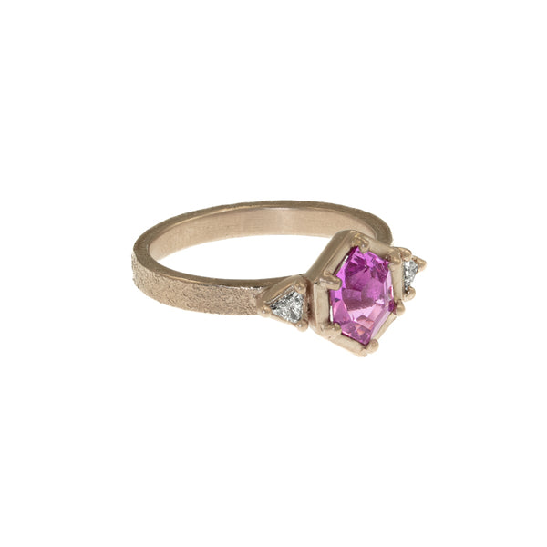 14K Champagne Gold Pink Sapphire Engagement Ring With Side Triangle Diamonds - Hozoni Designs