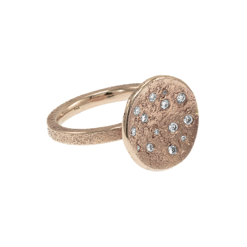 Women's 14K Gold Organic Disc Full Moon Ring with White Diamonds - Hozoni Designs