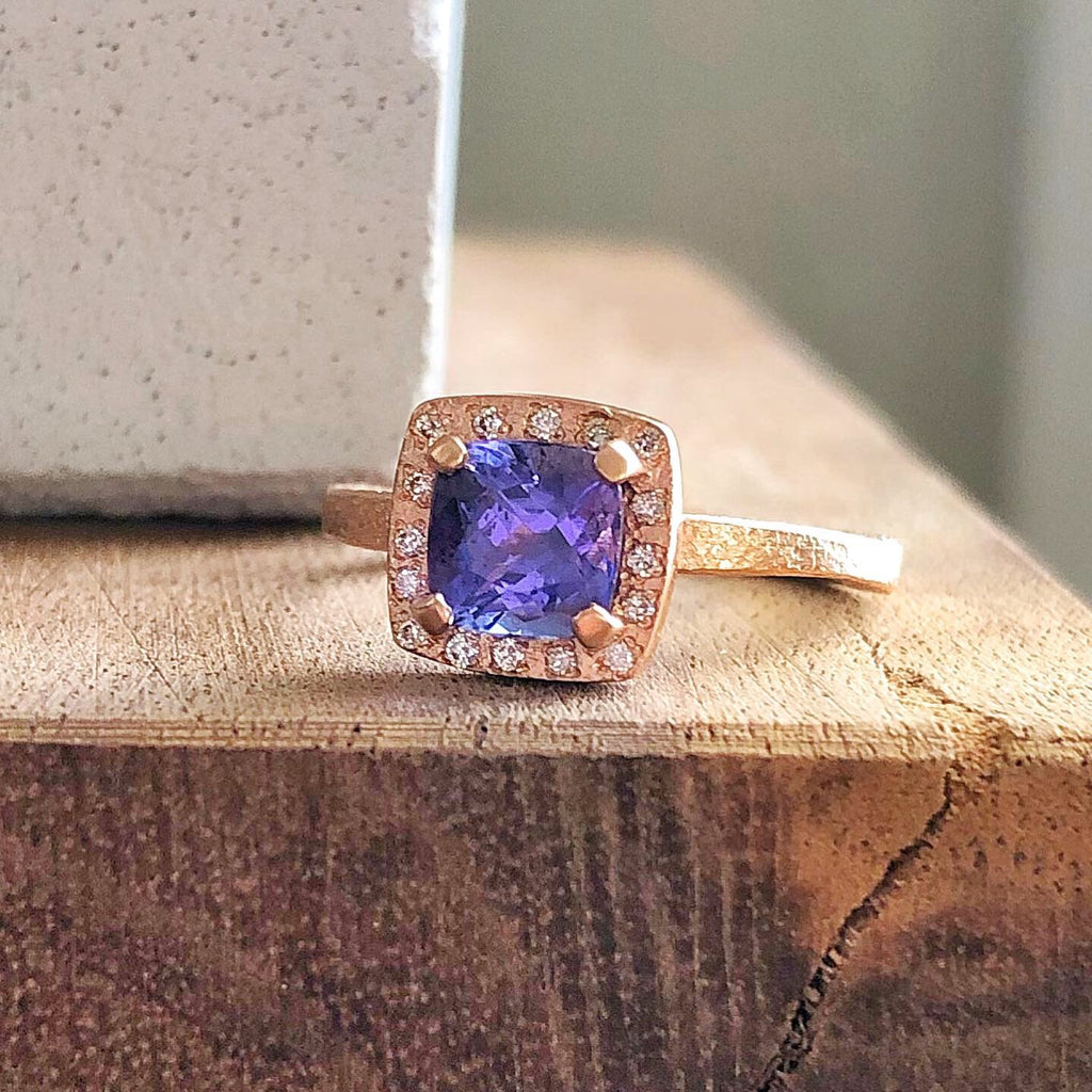 Women's 14K Rose Gold Cushion Cut Tanzanite Ring with Diamond Halo - Hozoni Designs