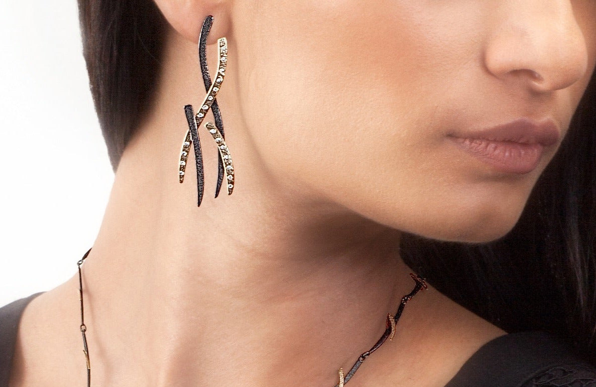 14K Gold &amp; Sterling Silver Woven Earrings with White Diamonds - Hozoni Designs