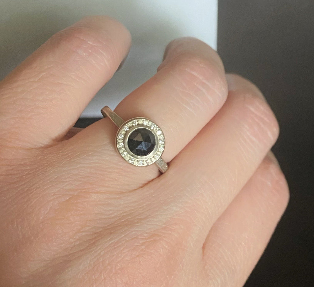 Women's 14K Gold Rustic Black Diamond Ring with Diamond Halo - Hozoni Designs