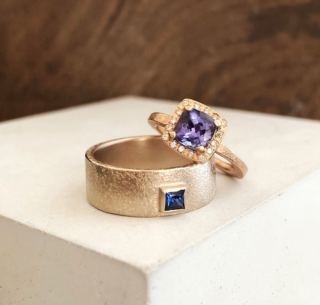 Women's 14K Rose Gold Cushion Cut Tanzanite Ring with Diamond Halo - Hozoni Designs