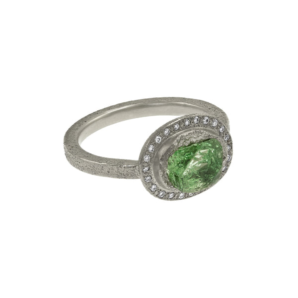 Women's 14K White Gold Rough Mint Garnet Ring with Diamond Halo - Hozoni Designs