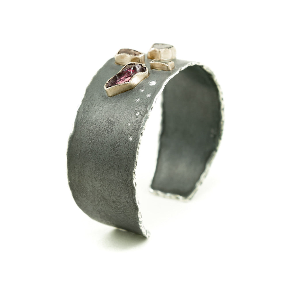 Sterling Silver and Gold Cuff Bracelet with Rough Garnet, Topaz &amp; Diamonds - Hozoni Designs