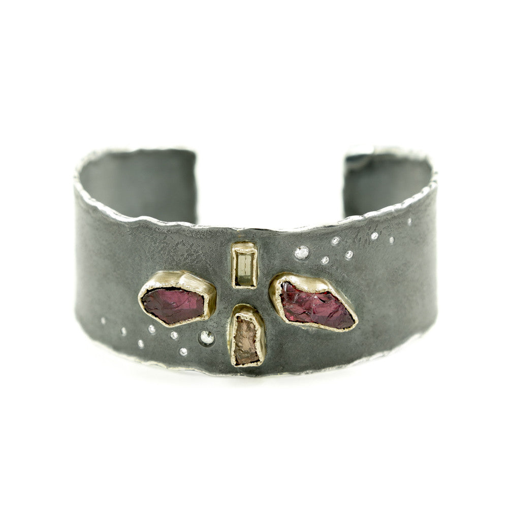 Sterling Silver and Gold Cuff Bracelet with Rough Garnet, Topaz &amp; Diamonds - Hozoni Designs