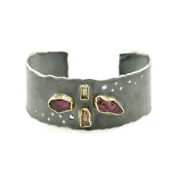 Sterling Silver and Gold Cuff Bracelet with Rough Garnet, Topaz & Diamonds - Hozoni Designs