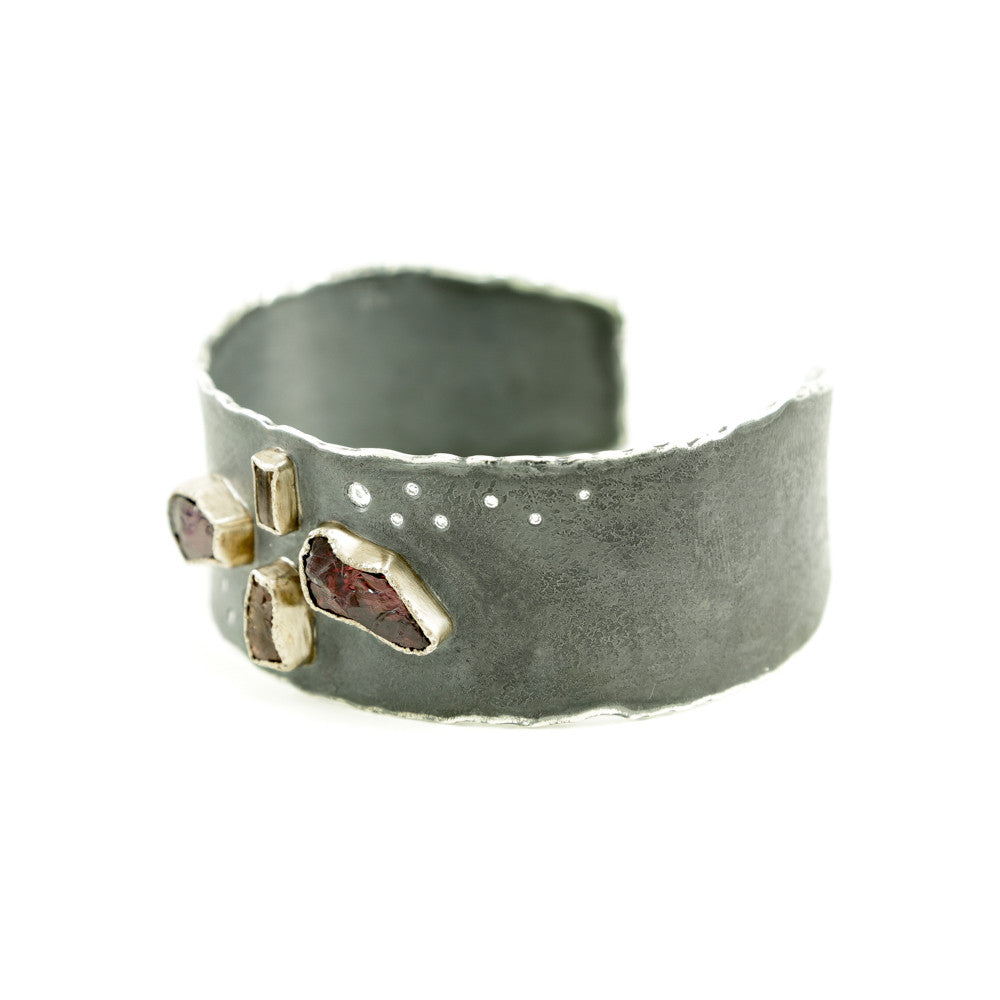 Sterling Silver and Gold Cuff Bracelet with Rough Garnet, Topaz &amp; Diamonds - Hozoni Designs