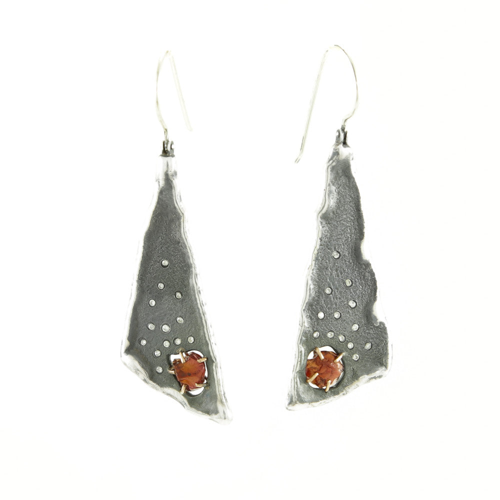 Sterling Silver & Gold Earrings with Rough Garnets & Diamonds - Hozoni Designs