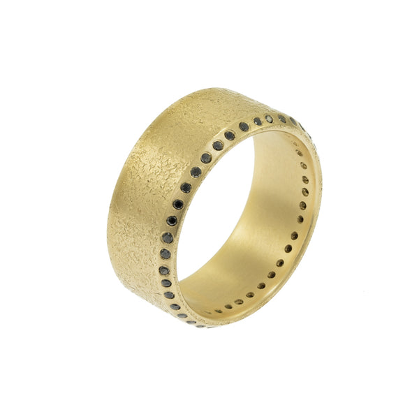 Men's 14K Gold Beveled Edge Rustic Band with Black Diamonds - Hozoni Designs