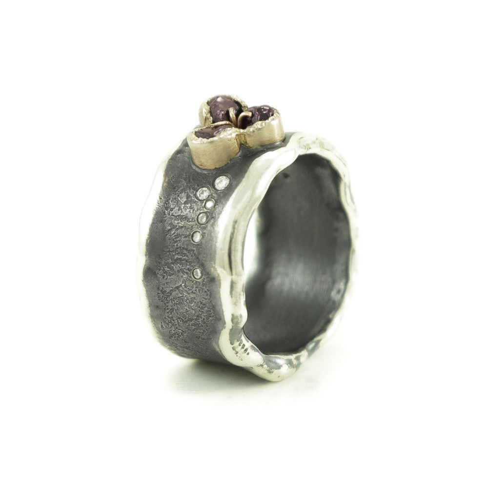 Sterling Silver and Gold Ring with Rough Garnet &amp; Diamonds - Hozoni Designs