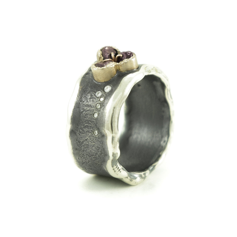 Sterling Silver and Gold Ring with Rough Garnet & Diamonds - Hozoni Designs