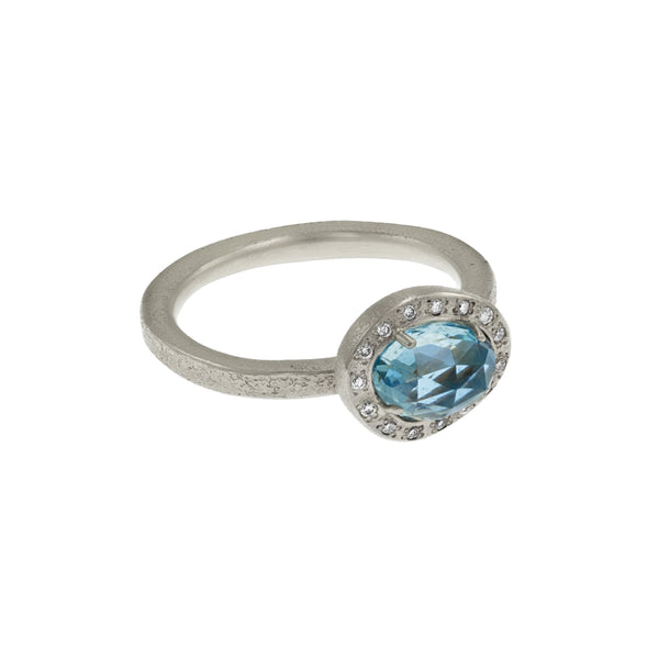 Women's 14K White Gold Freeform Aquamarine Ring with Diamond Halo - Hozoni Designs