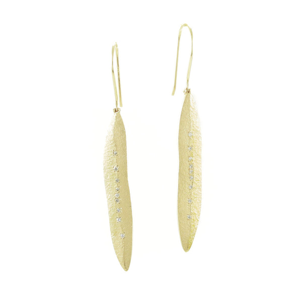 14K Gold Leaf Earrings With White Diamonds - Hozoni Designs