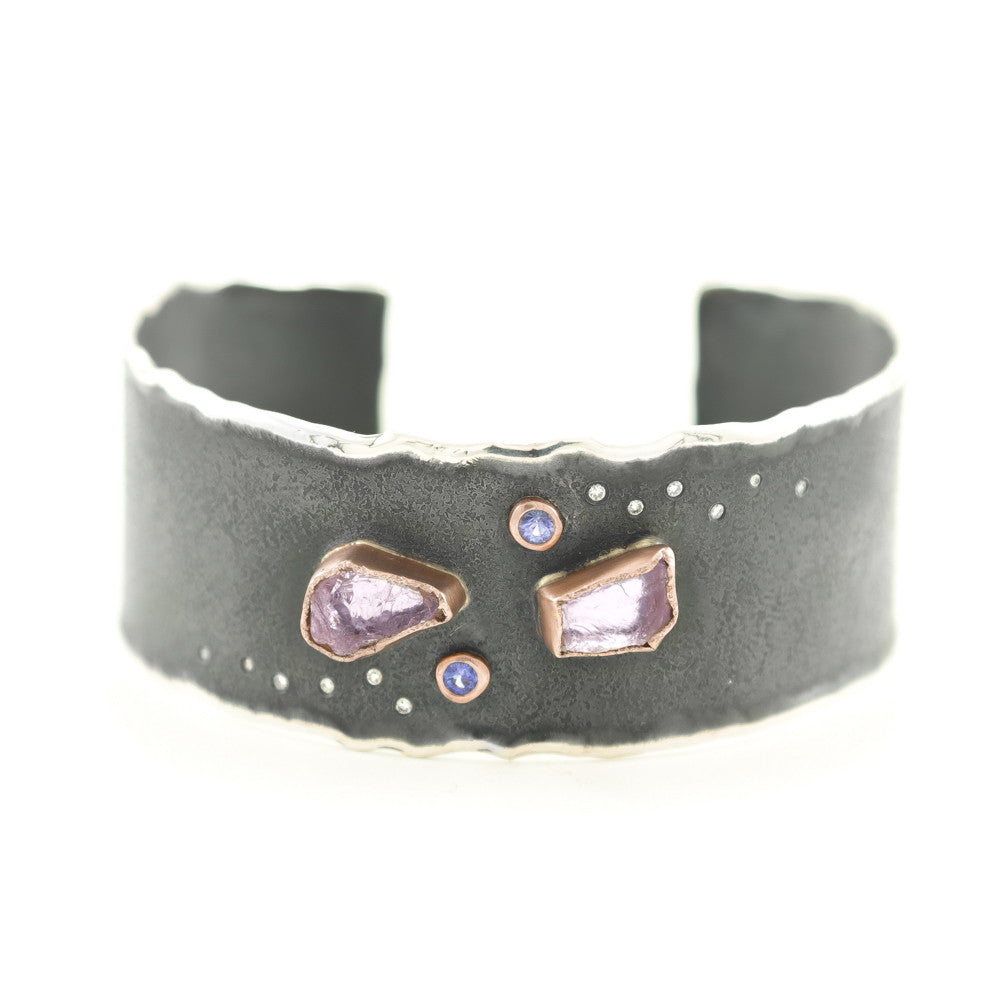 Sterling Silver &amp; Rose Gold Cuff Bracelet with Rough Morganite, Tanzanite &amp; Diamonds - Hozoni Designs