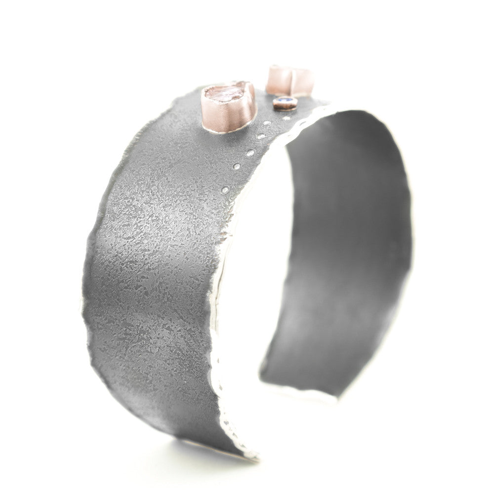 Sterling Silver &amp; Rose Gold Cuff Bracelet with Rough Morganite, Tanzanite &amp; Diamonds - Hozoni Designs