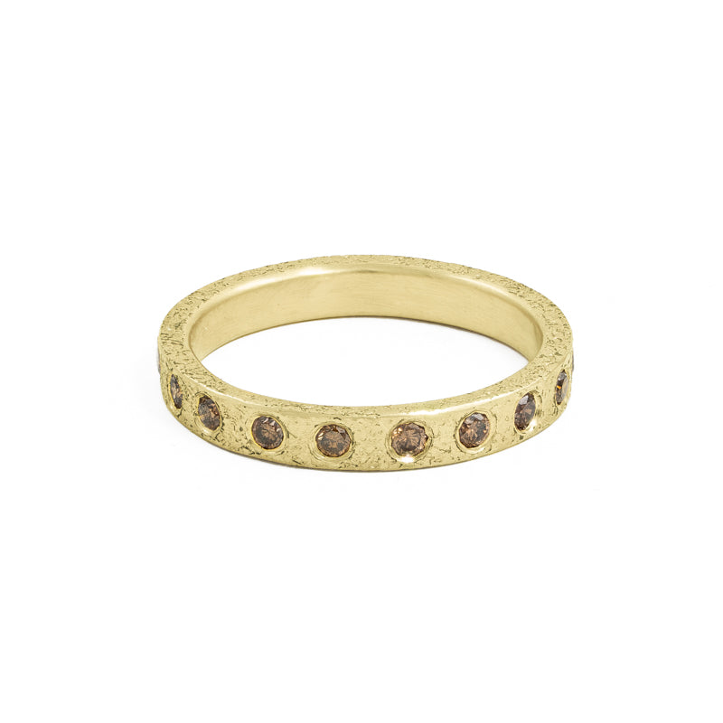 Women's 14K Gold 3mm Rustic Band with Flush Set Brown Diamonds - Hozoni Designs