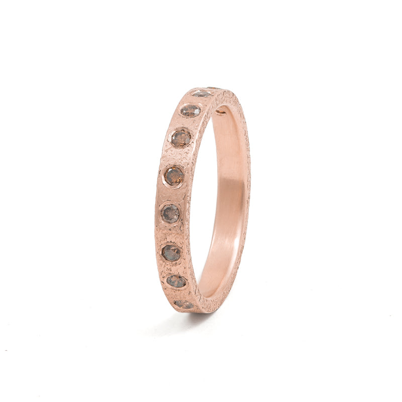 Women's 14K Gold 3mm Rustic Band with Flush Set Brown Diamonds - Hozoni Designs