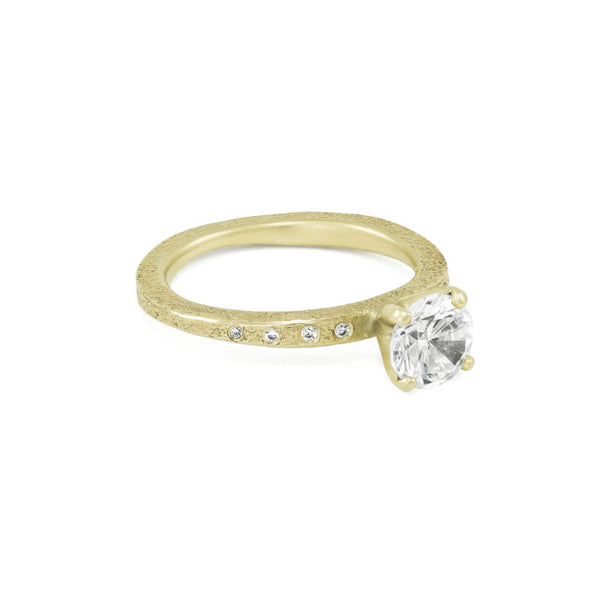 Women's Rustic Traditional Gold Engagement Ring with Thin Organic Band and Side Diamonds - Hozoni Designs