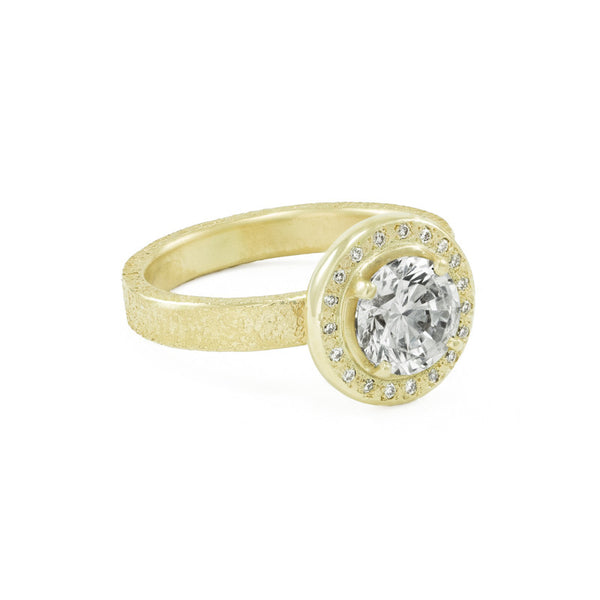 Women's Rustic Traditional Gold Engagement Ring with 3mm Band and Halo - Hozoni Designs