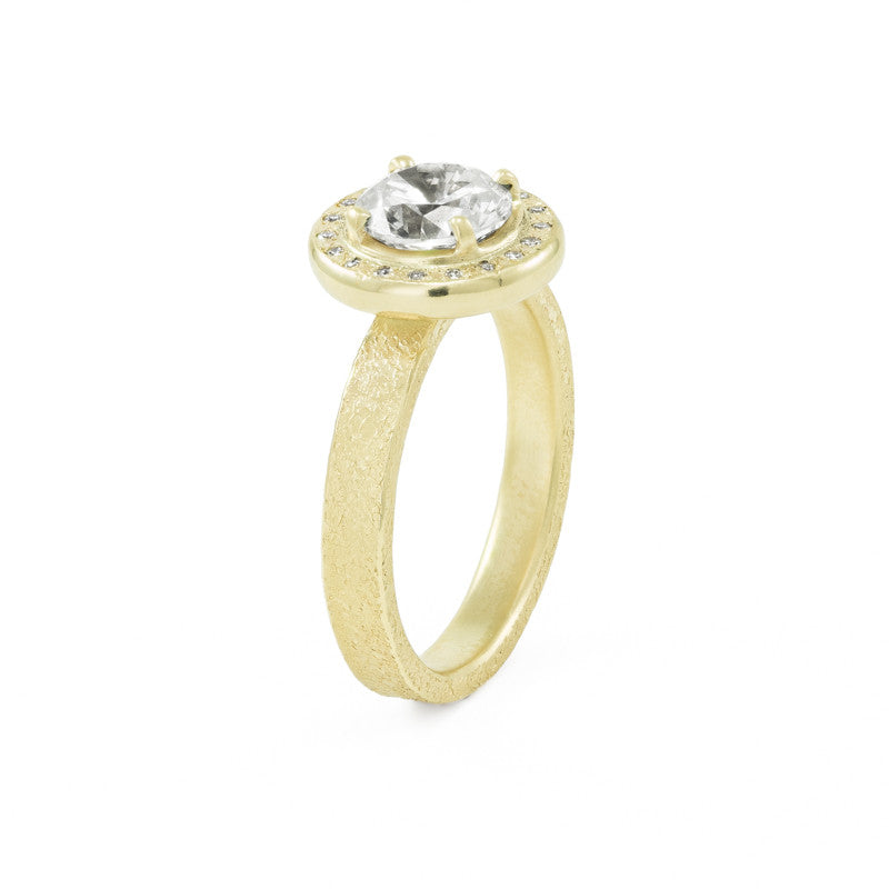 Women's Rustic Traditional Gold Engagement Ring with 3mm Band and Halo - Hozoni Designs