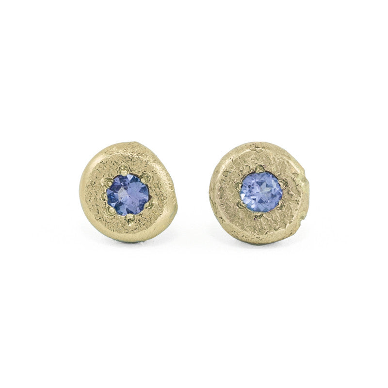 Gold Button Stud Earrings | Diamond Emerald Sapphire Tanzanite Yellow Gold / Tanzanite
