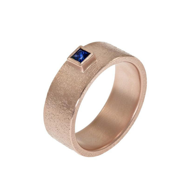 Men's 14K Gold Rustic Band with Princess Cut Sapphire - Hozoni Designs