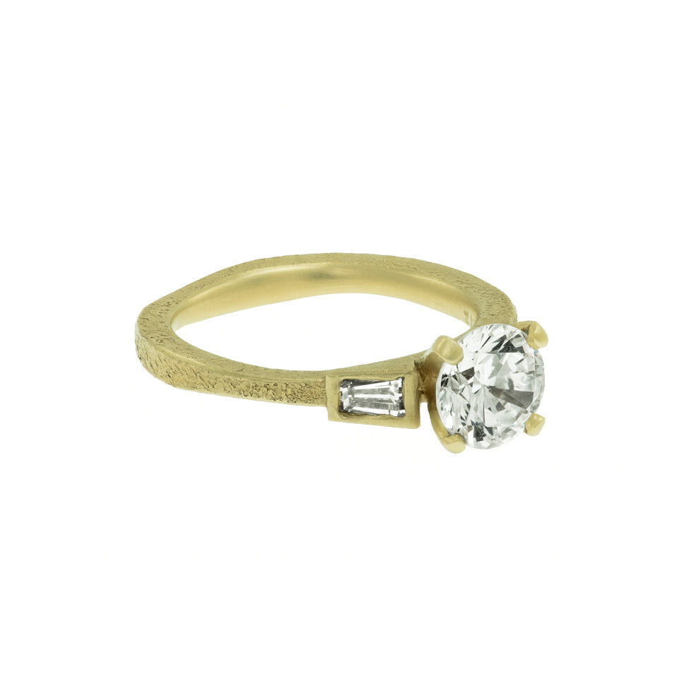 Women's Rustic Traditional Gold Engagement Ring with Tapered Baguettes - Hozoni Designs