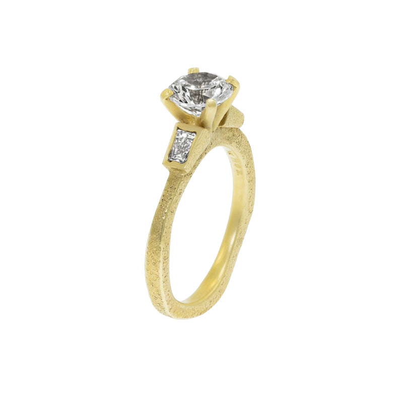 Women's Rustic Traditional Gold Engagement Ring with Tapered Baguettes - Hozoni Designs