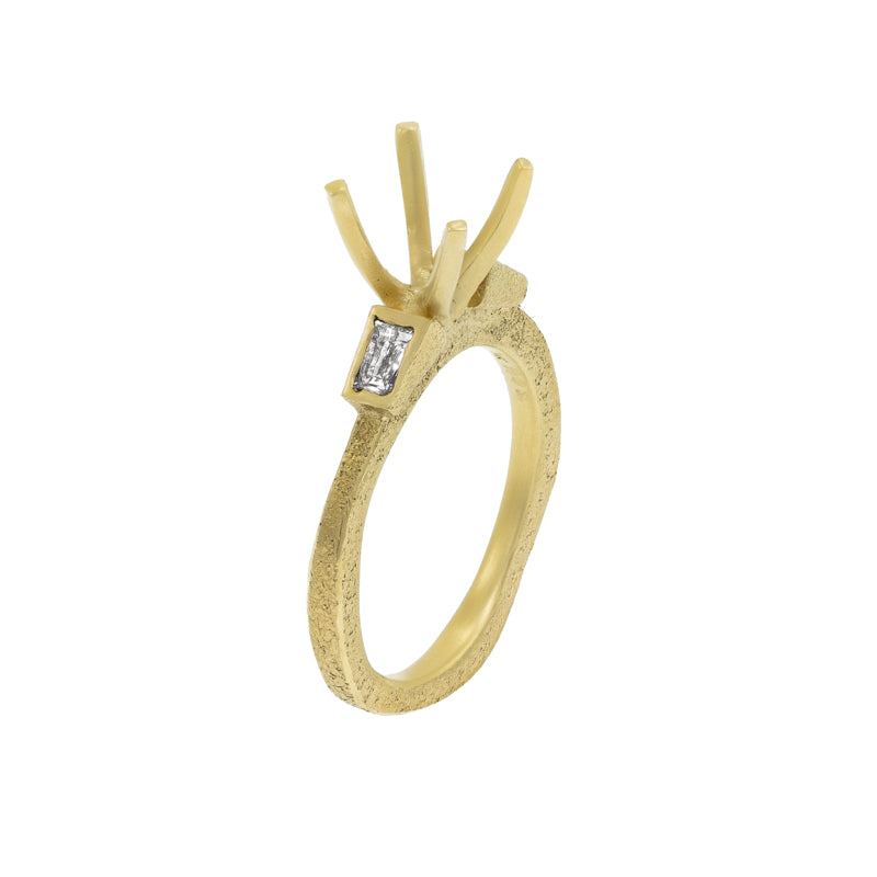 Women's Rustic Traditional Gold Engagement Ring with Tapered Baguettes - Hozoni Designs