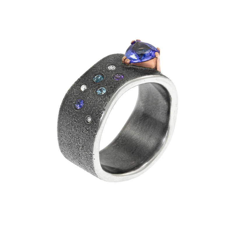 Silver & Gold Ring with Tanzanite, Sapphires  & Diamonds - Hozoni Designs