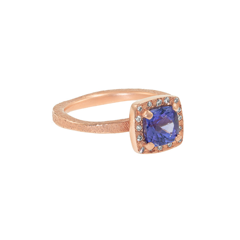 Women's 14K Rose Gold Cushion Cut Tanzanite Ring with Diamond Halo - Hozoni Designs