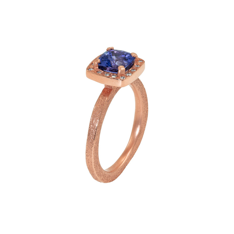 Women's 14K Rose Gold Cushion Cut Tanzanite Ring with Diamond Halo - Hozoni Designs