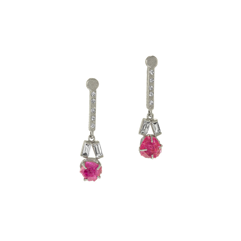 14K White Gold Earrings with Rough Rubies & Diamonds - Hozoni Designs