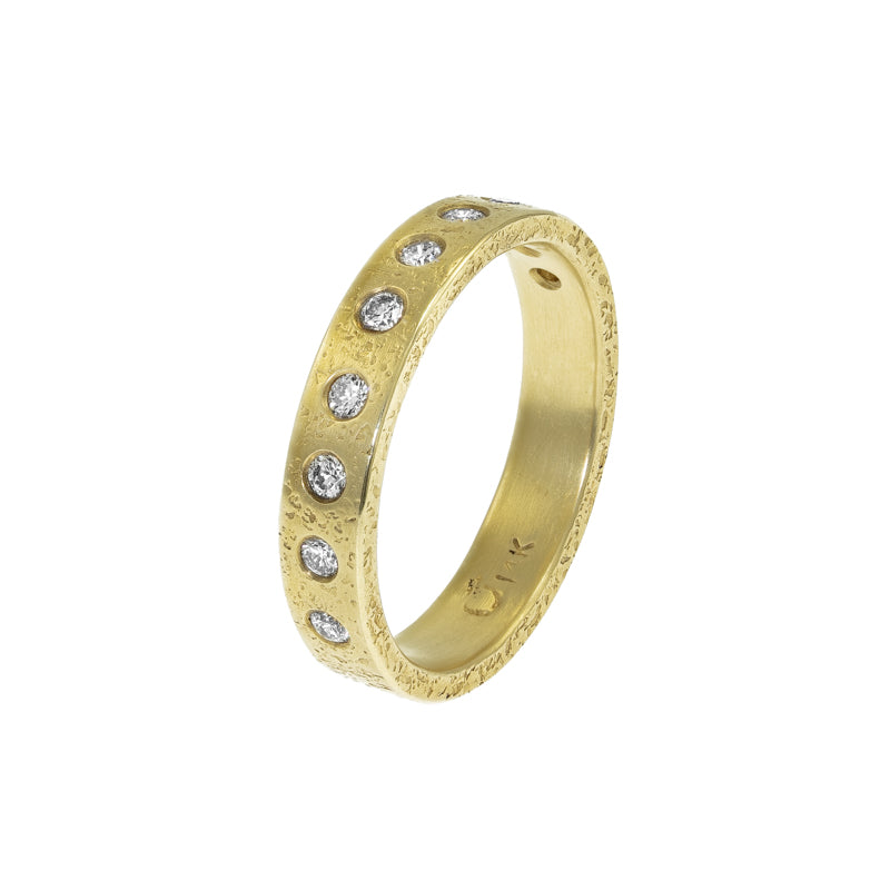 Men's 14K Gold Rustic Band with Flush Set White Diamonds, 4mm - Hozoni Designs