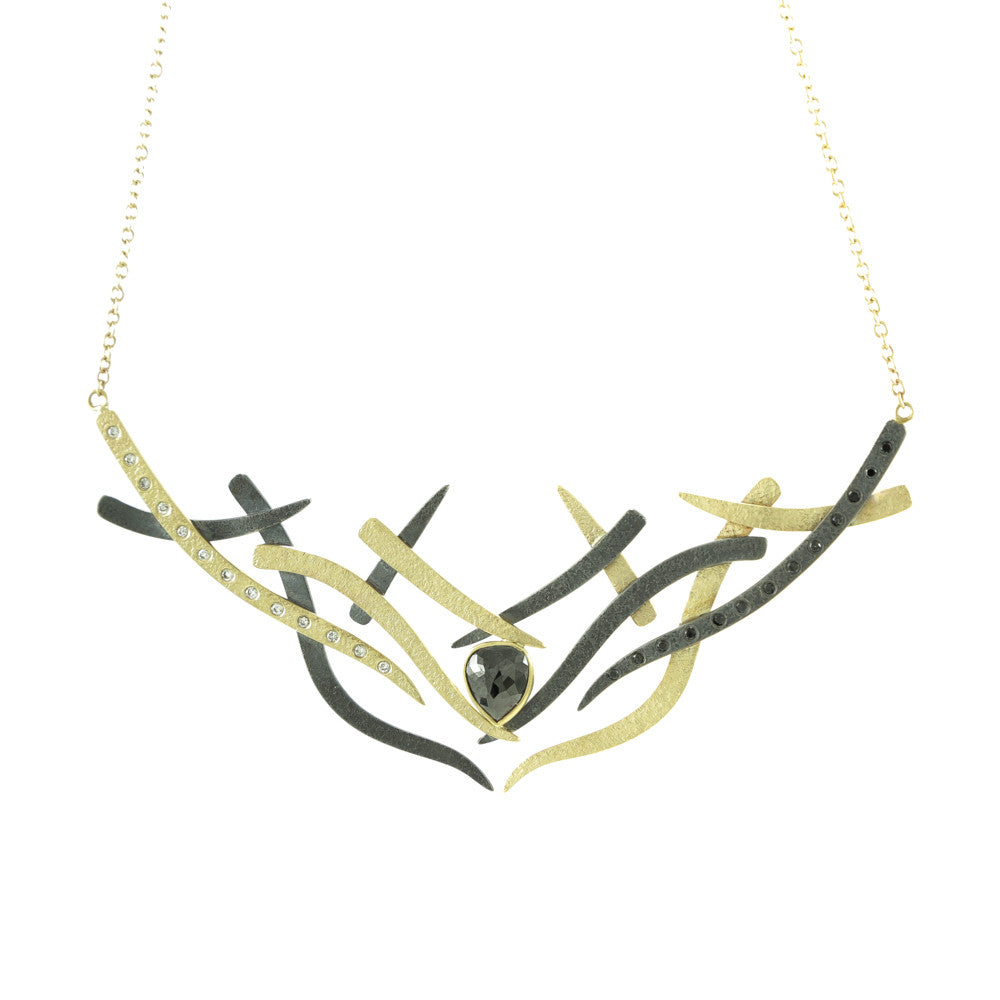 14K Gold and Sterling Silver Woven Necklace with Black and White Diamonds - Hozoni Designs