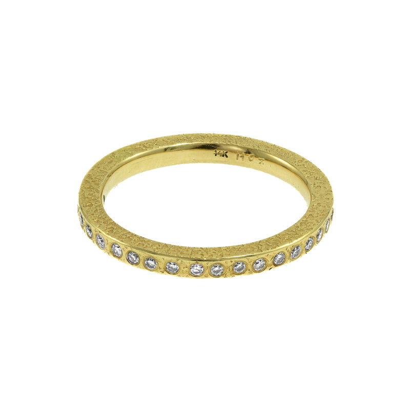 Women's 14K Gold Thin Rustic Band with Flush Set White Diamonds - Hozoni Designs