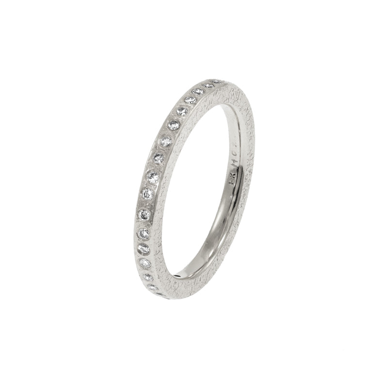 Women's 14K Gold Thin Rustic Band with Flush Set White Diamonds - Hozoni Designs