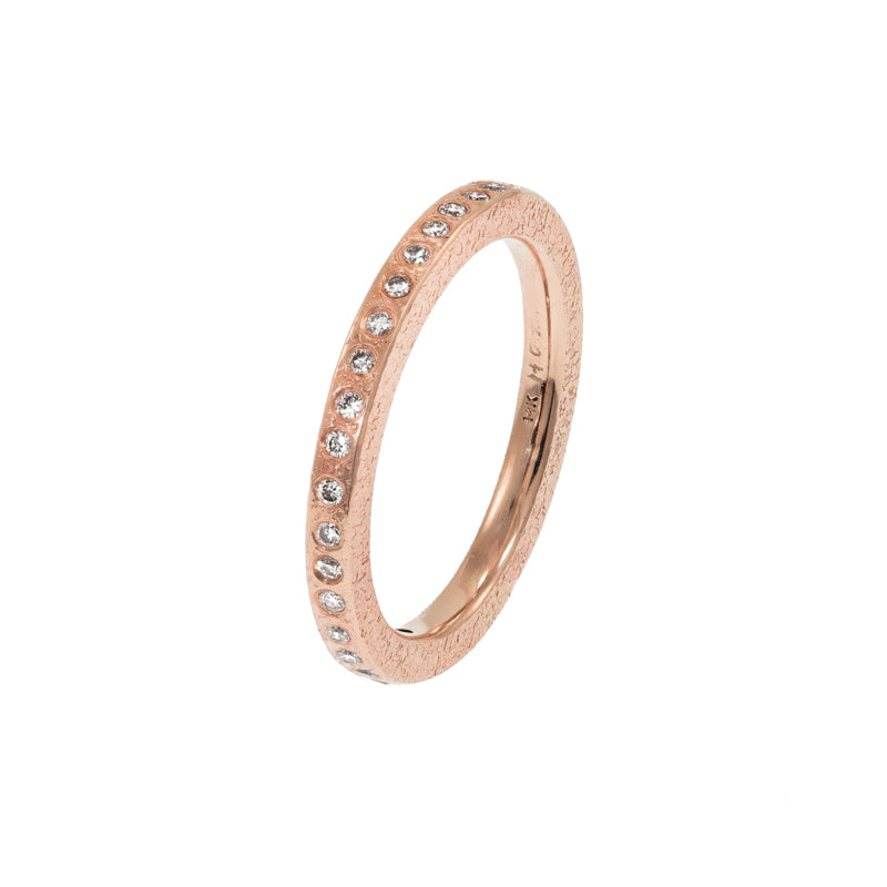 Women's 14K Gold Thin Rustic Band with Flush Set White Diamonds - Hozoni Designs