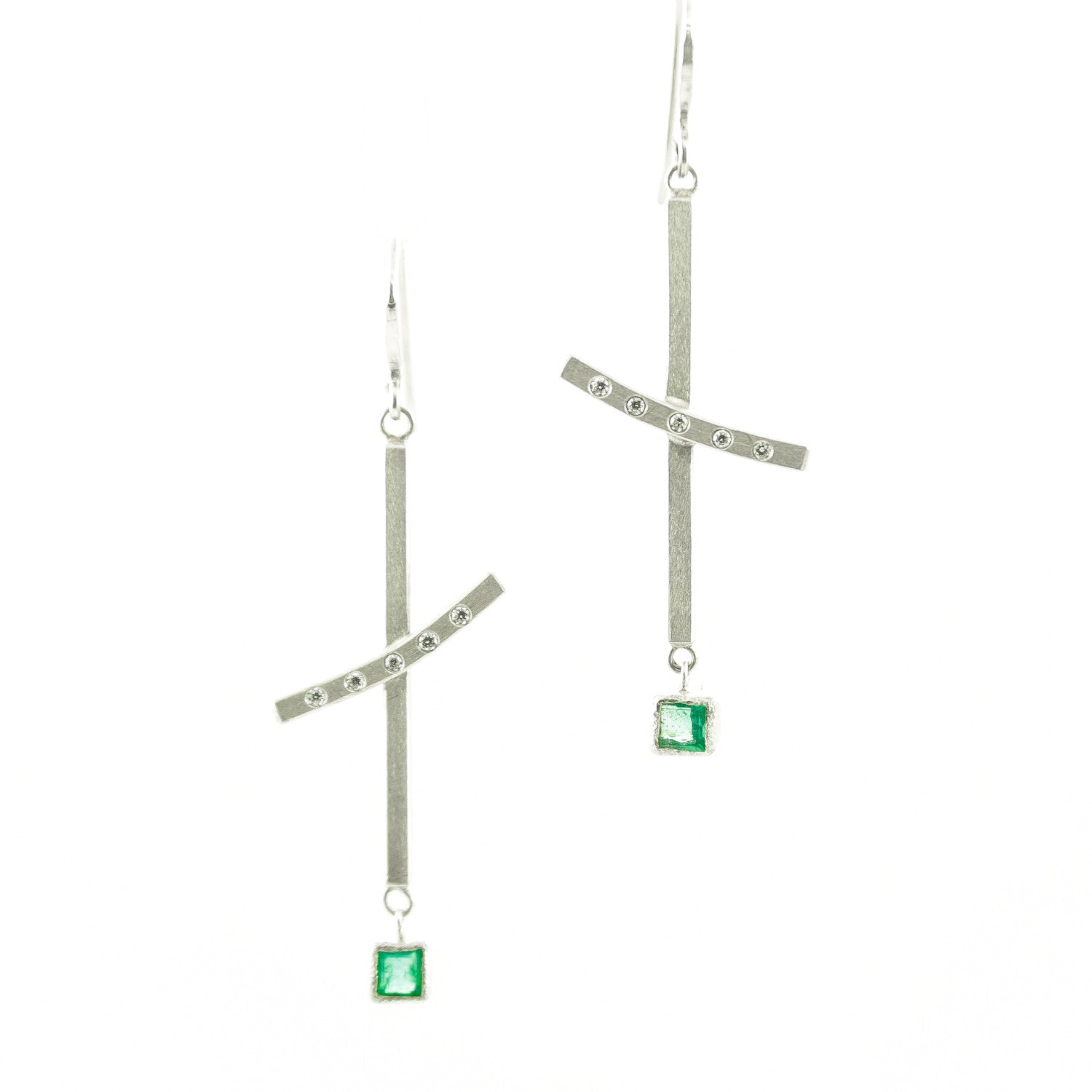 Sterling Silver Dangle Earrings with Princess Cut Emeralds and White Diamonds - Hozoni Designs
