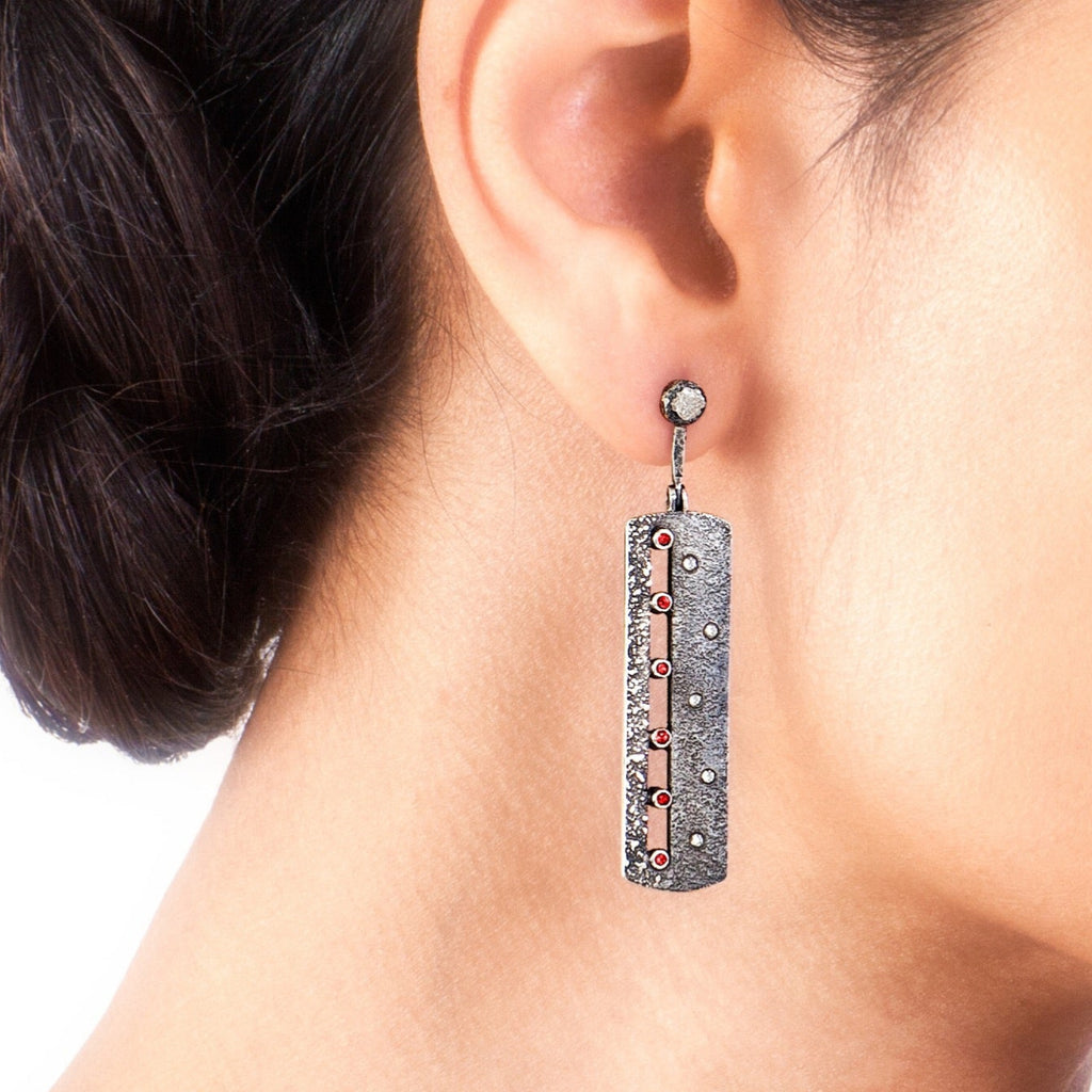 Sterling Silver Earrings with Orange-Red Sapphires and White Diamonds - Hozoni Designs